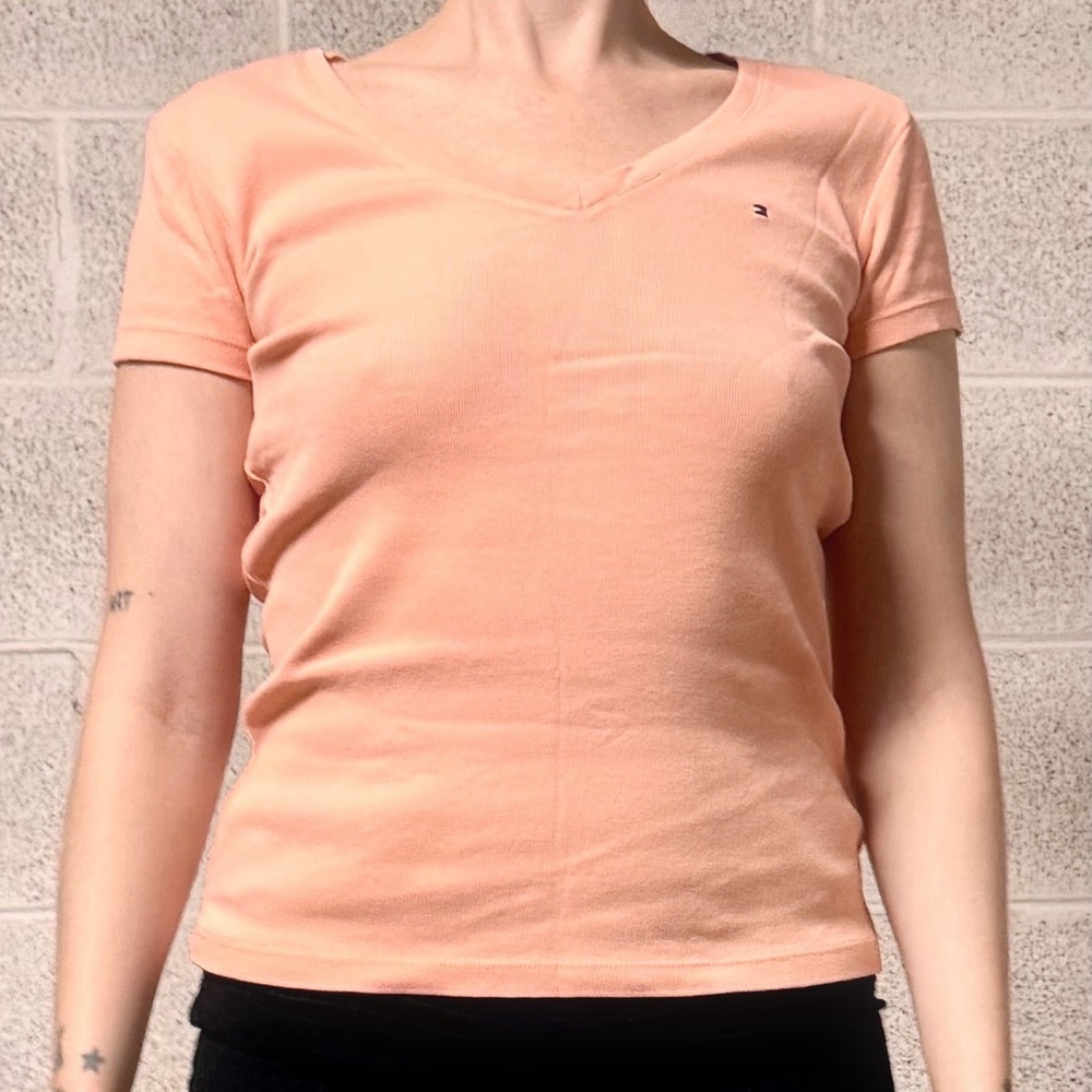 Tommy Hilfiger Salmon Pink Short Sleeve V-Neck Cotton T-Shirt Size S